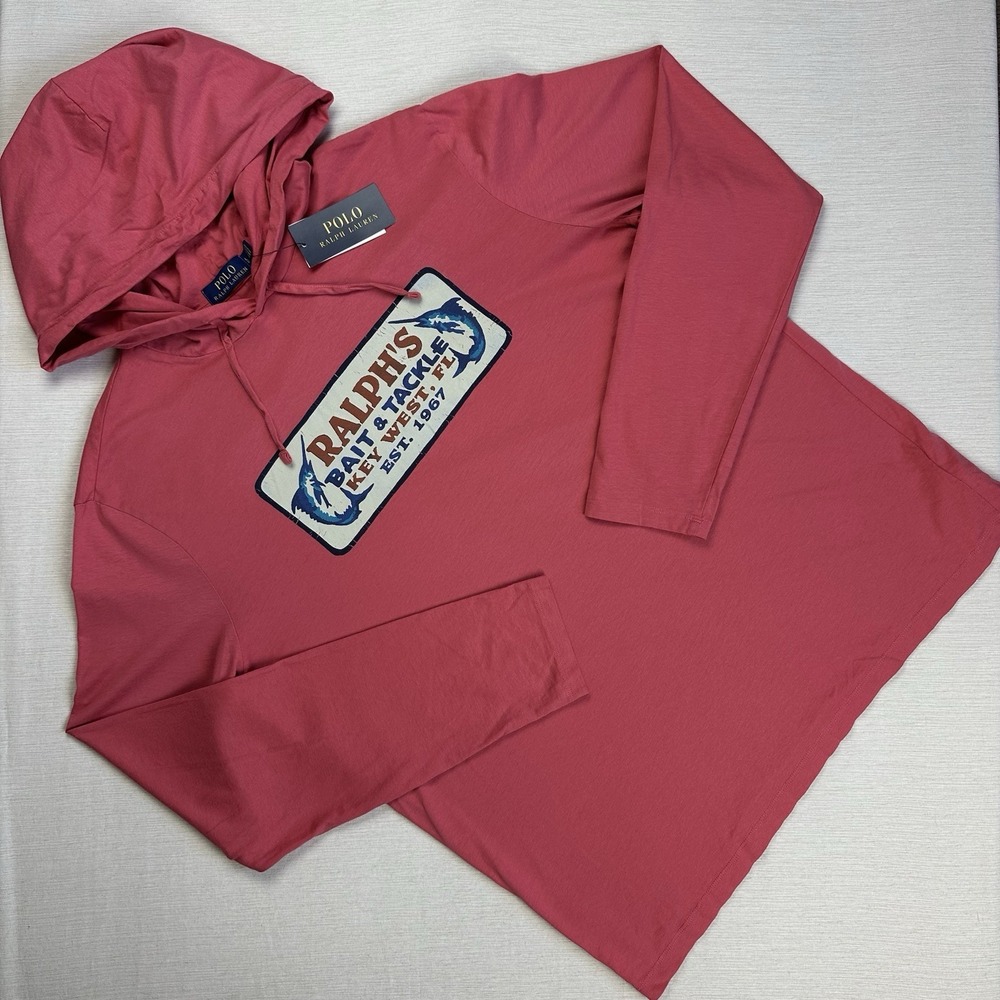 NWT Polo Ralph Lauren Ralphs Bait Tackle Hoodie LS Shirt Men L Salmon Red Pink